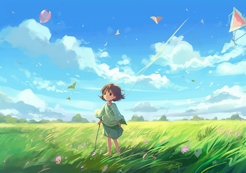 晴天儿童节女孩在草原草地快乐地放风筝小清新插画,插画/手绘图,插画/手绘图库,插画/手绘图下载,插画/手绘
